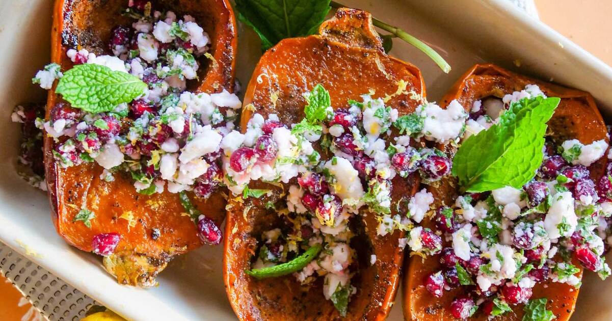 Glazed Vegan Honeynut Squash With Mint and Feta 