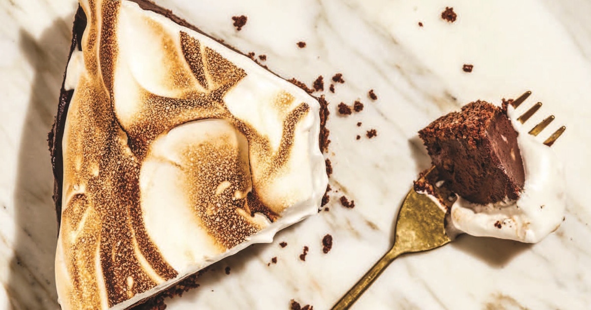 Vegan Chocolate Pecan Cheesecake With Toasted Meringue and Fudge Sauce