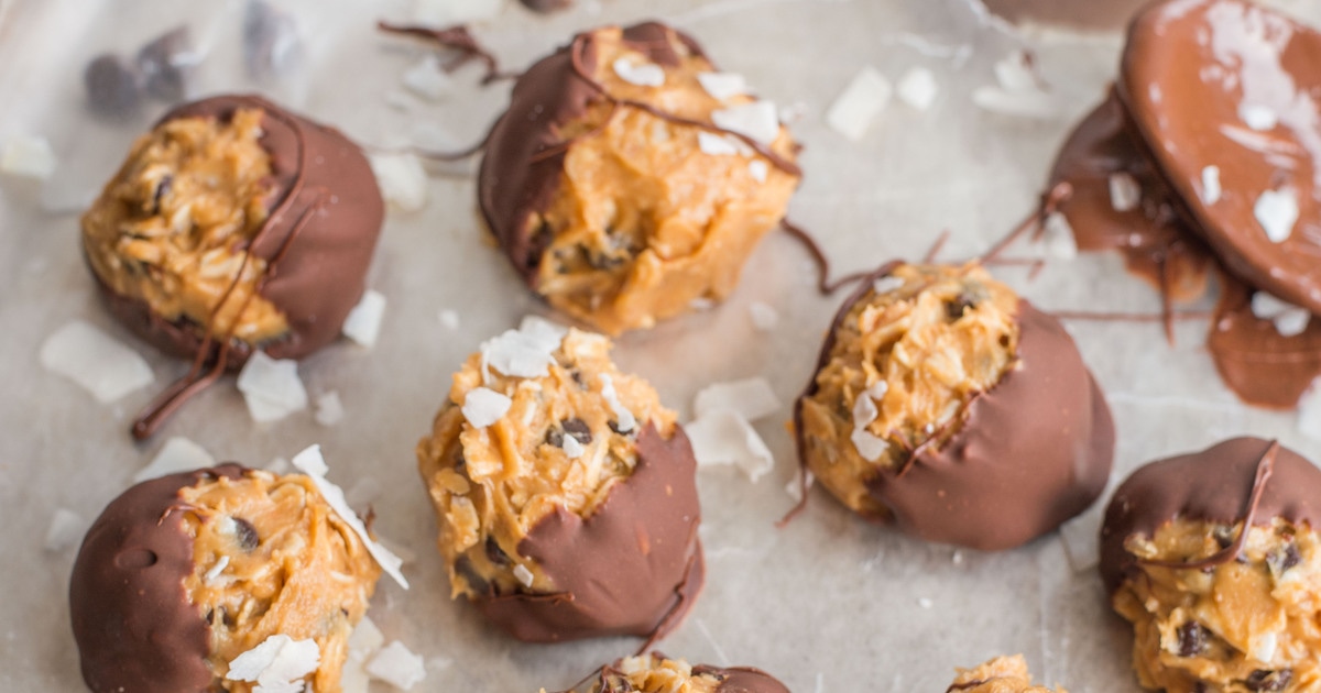 Chocolate-Dipped Peanut Butter Coconut Oat Bites