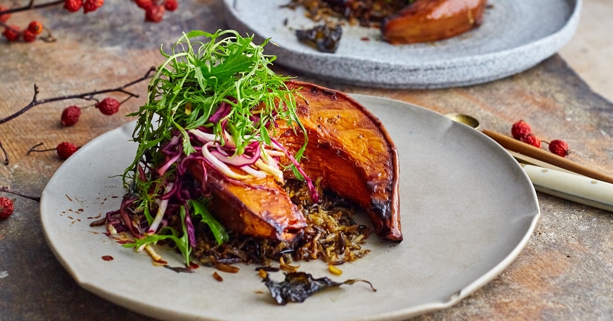 Roasted Sweet Basil Squash With Wild Rice and Mustard Greens Salad